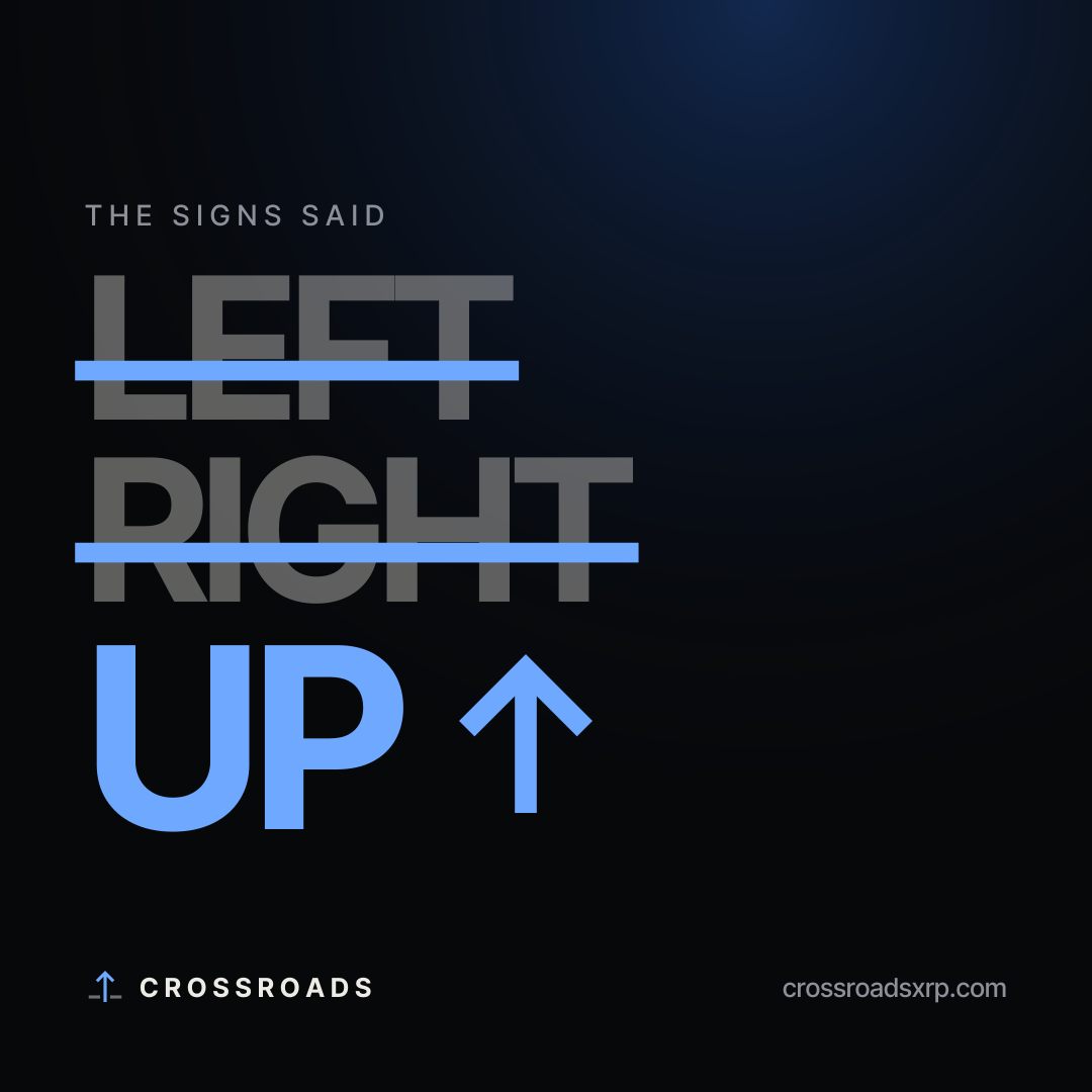Road signs reading LEFT and RIGHT, both crossed out, above a large blue UP.